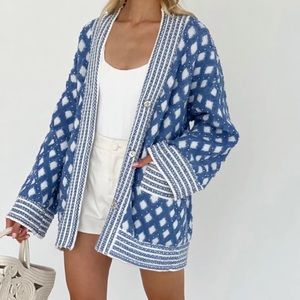 VITA GRACE BLUE & WHITE PEARL CARDIGAN  NWT